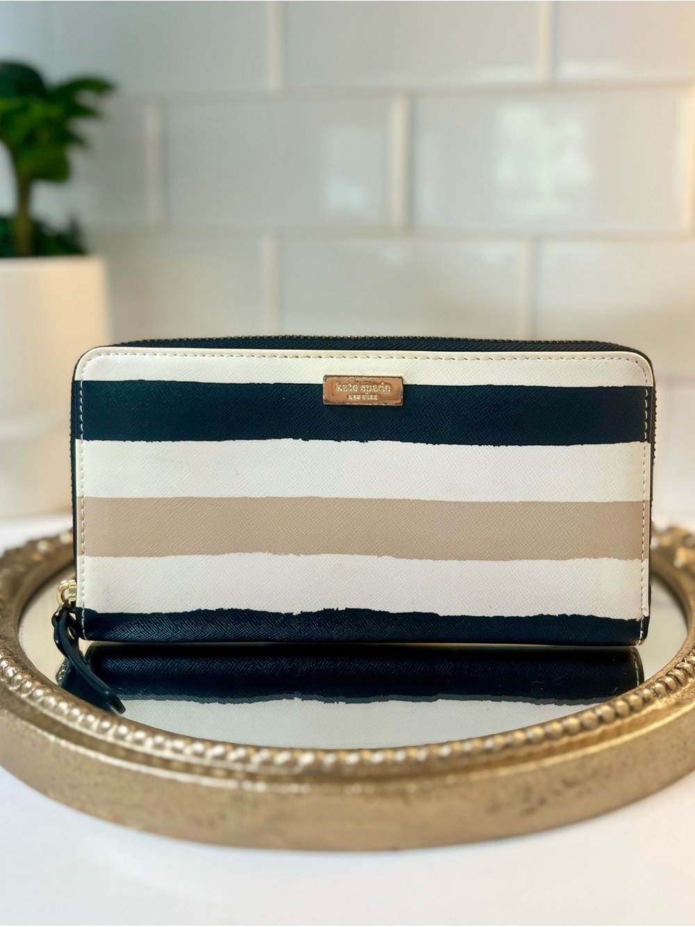 kate spade Striped Zip Wallet in Black, White & Beige
